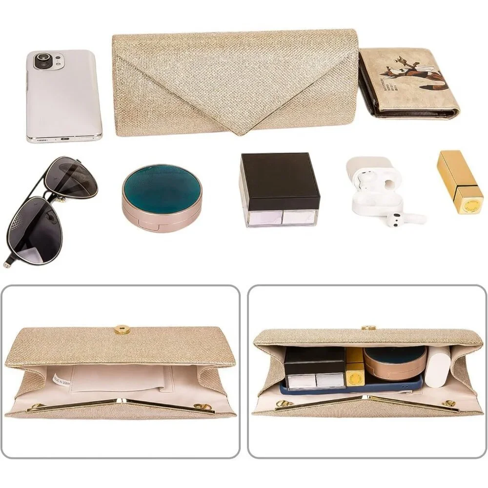 Women's Champagne Gold Sparkling Envelope Bag With Detachable Chain Clutch Purse